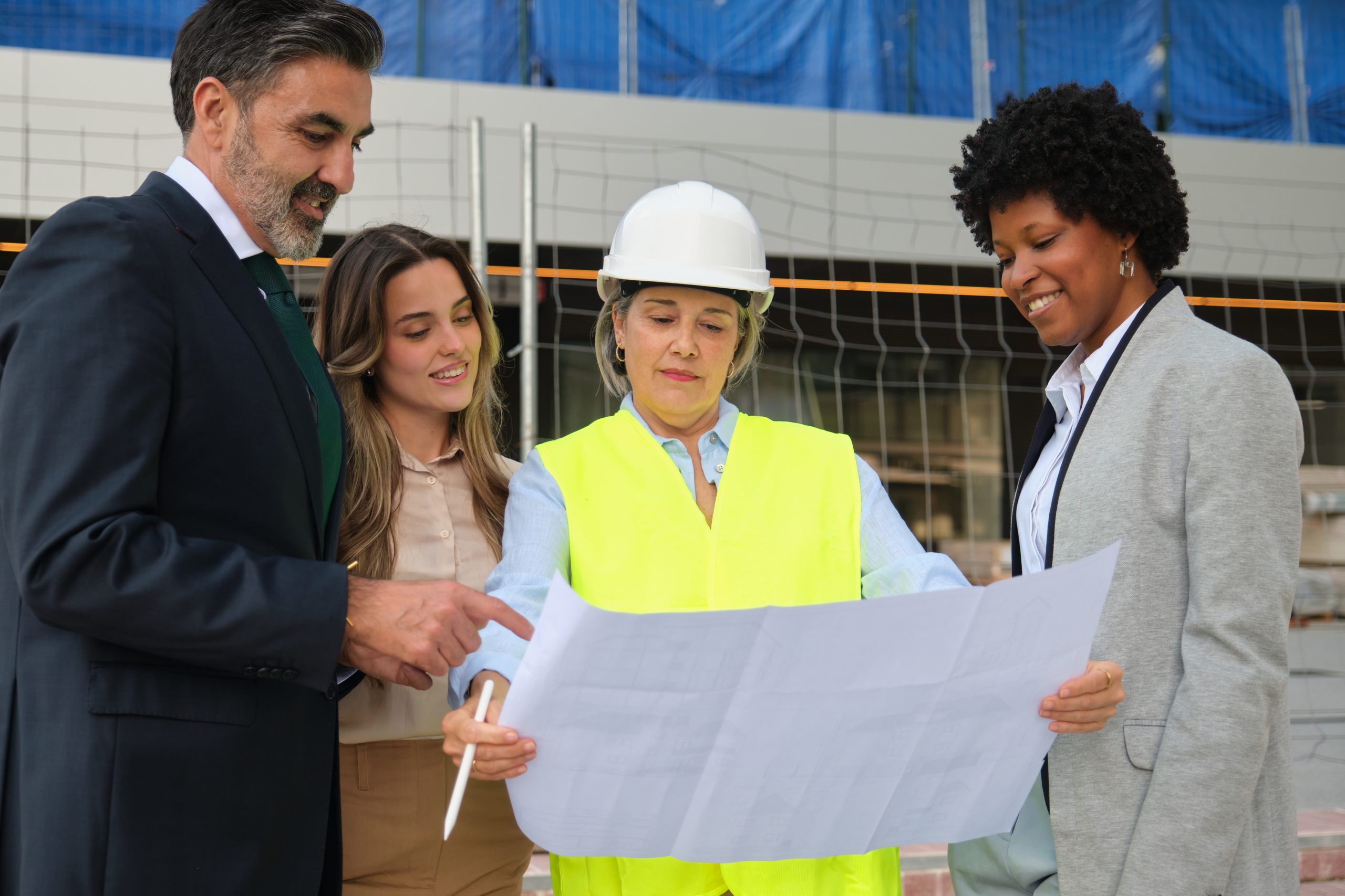 Team of architects and engineers reviewing blueprints on construction site